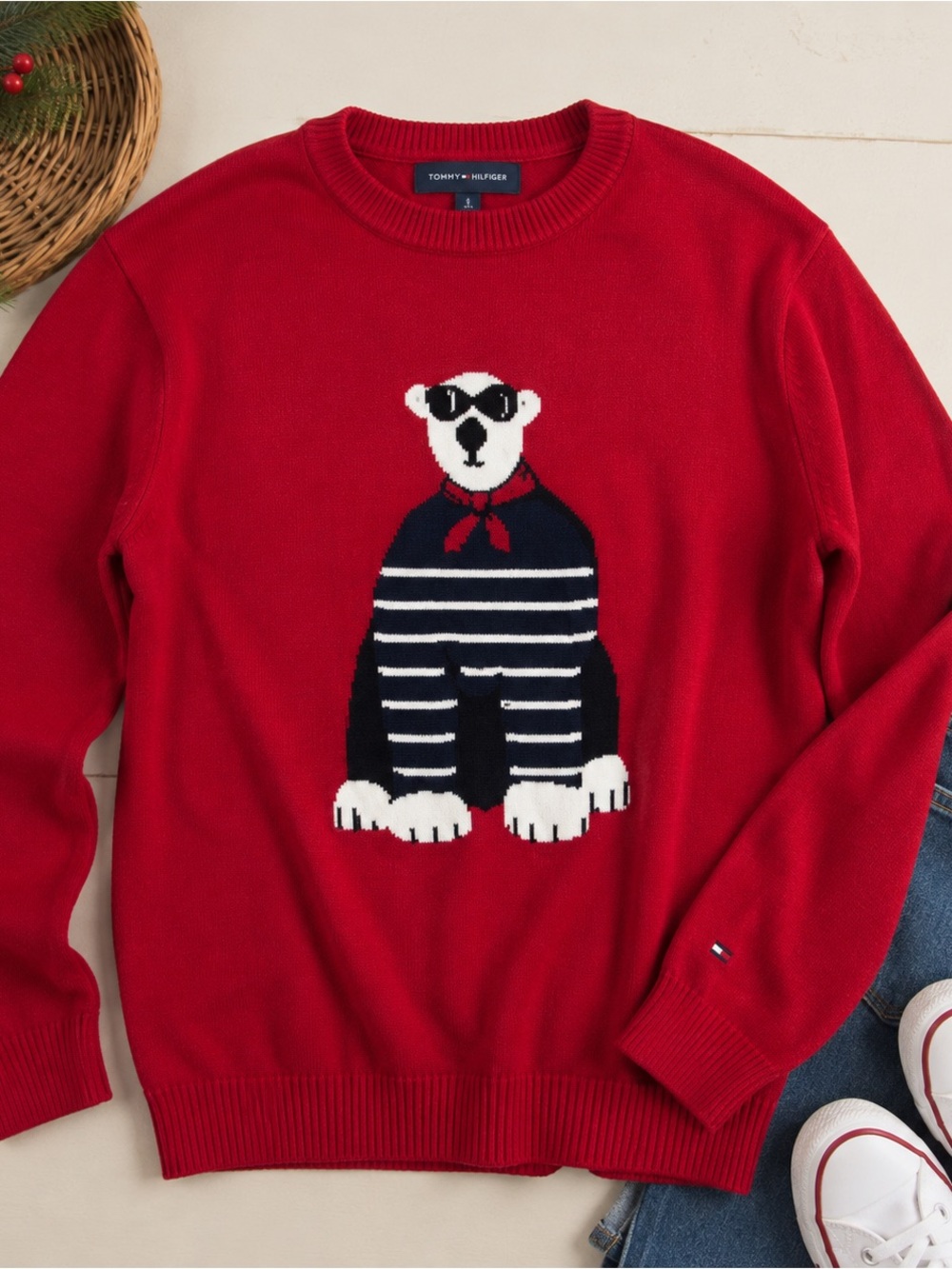NWT Tommy Hilfiger Red Sweater with Bear Design - Picture 1 of 7